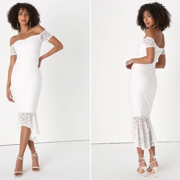 LULU's Bridal Chic Modern Sexy Floral Lace Engagement Wedding Shower Midi Dress - Picture 4 of 4